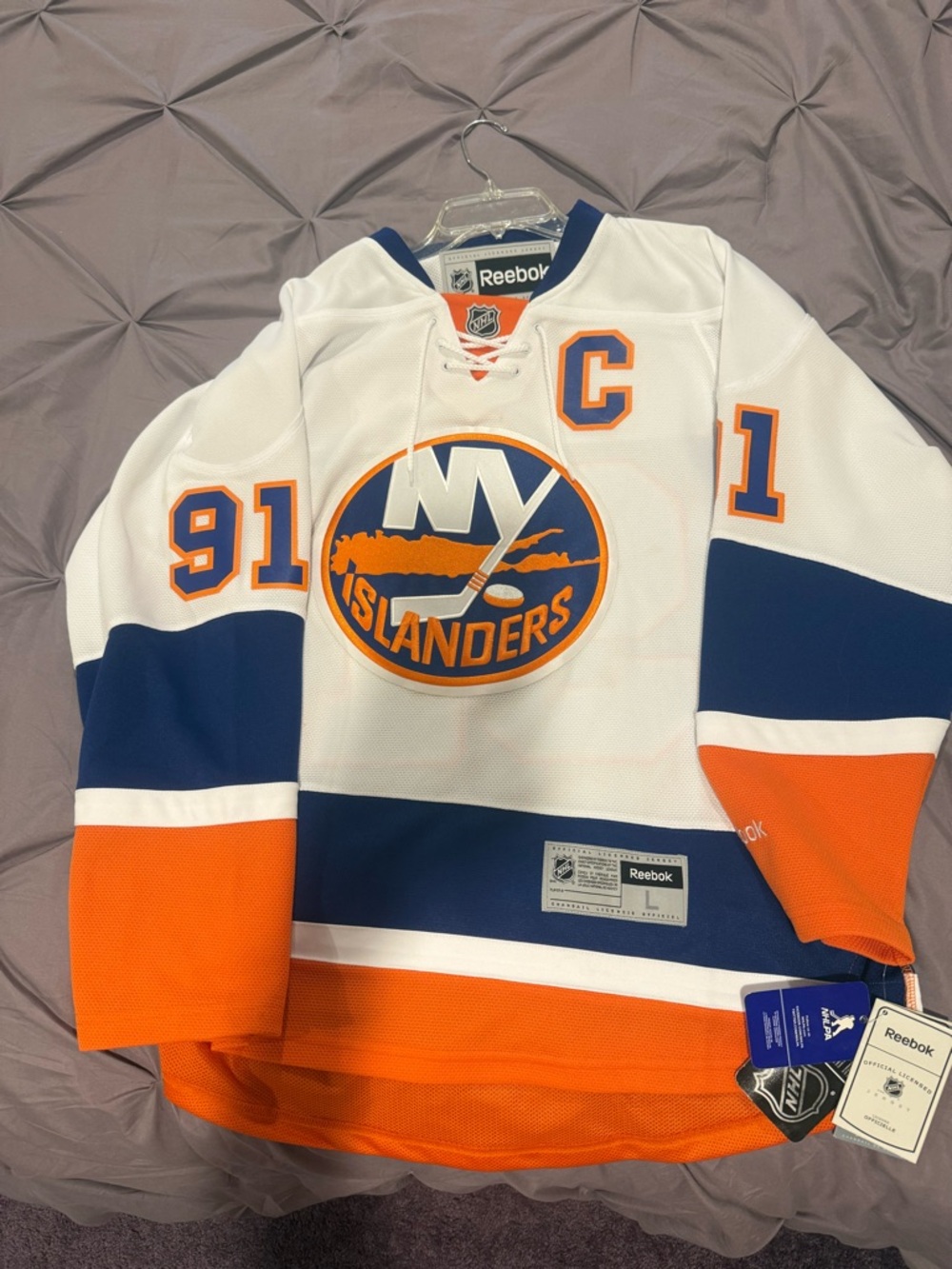 Reebok White Navy Orange New York Islanders #91 Captain Hockey Jersey